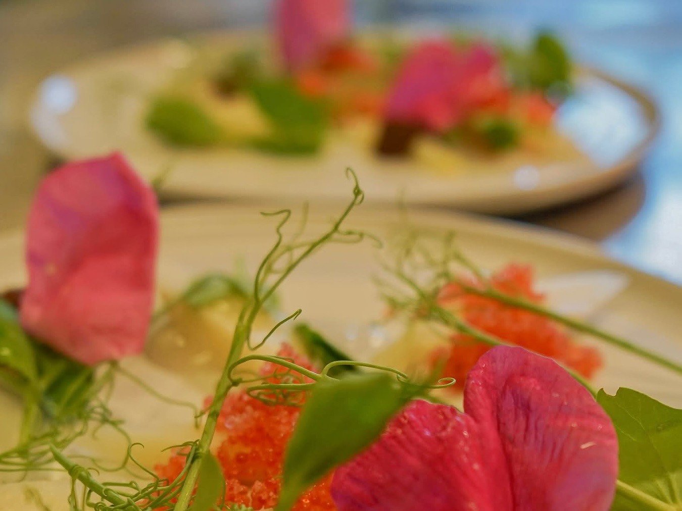 Dekorativ förrätt med rosa detaljer.